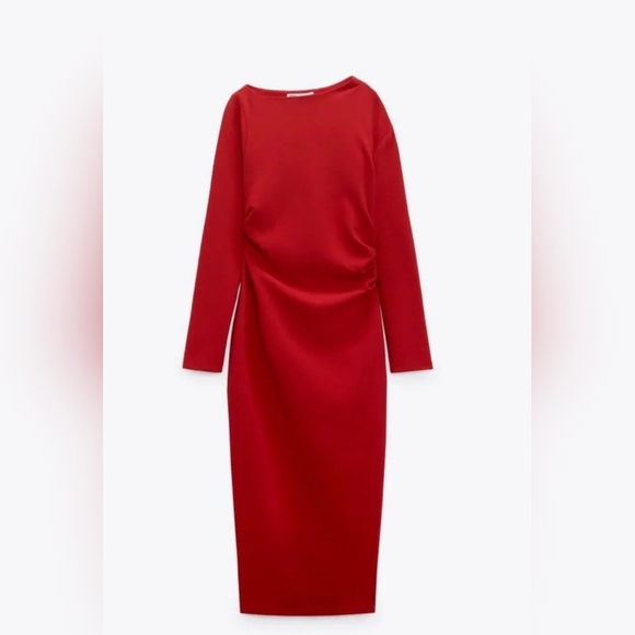 Zara Red Long Sleeve Midi Dress BNWT - Picture 2 of 9